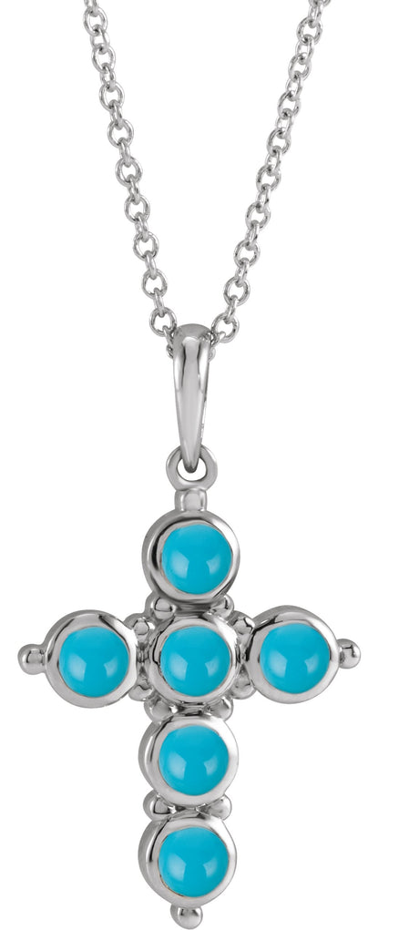 14K Gold Round Natural Turquoise Cabochon Cross Necklace or Pendant - White Gold