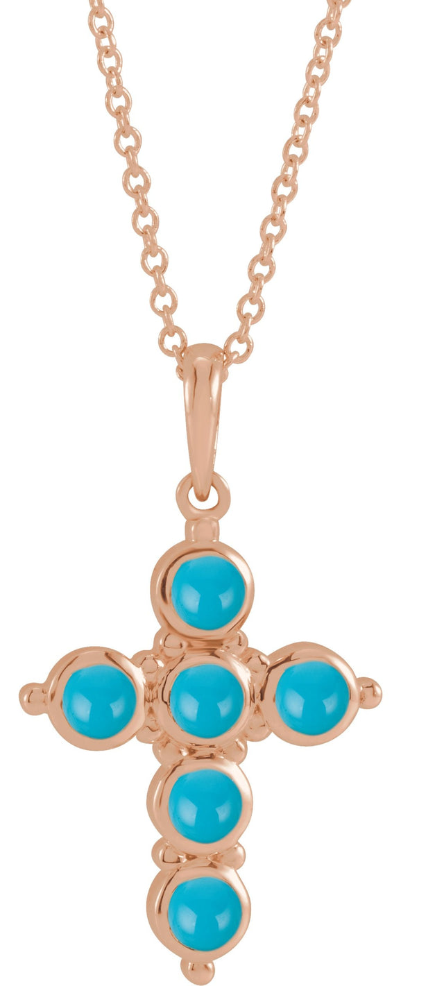 14K Gold Round Natural Turquoise Cabochon Cross Necklace or Pendant - Rose Gold