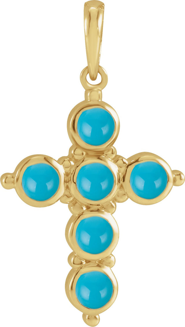14K Gold Round Natural Turquoise Cabochon Cross Necklace or Pendant - Yellow Gold