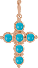14K Gold Round Natural Turquoise Cabochon Cross Necklace or Pendant - Rose Gold