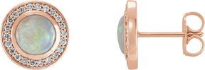 14K Gold Round Natural White Opal & Natural Diamond Halo-Style Earrings - Rose Gold
