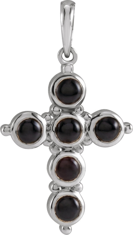14K Gold Round Natural Black Onyx Cabochon Cross Necklace or Pendant - White Gold