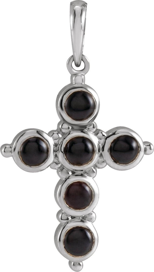 Platinum Round Natural Black Onyx Cabochon Cross Necklace or Pendant
