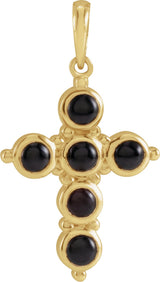 14K Gold Round Natural Black Onyx Cabochon Cross Necklace or Pendant - Yellow Gold