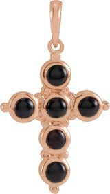 14K Gold Round Natural Black Onyx Cabochon Cross Necklace or Pendant - Rose Gold