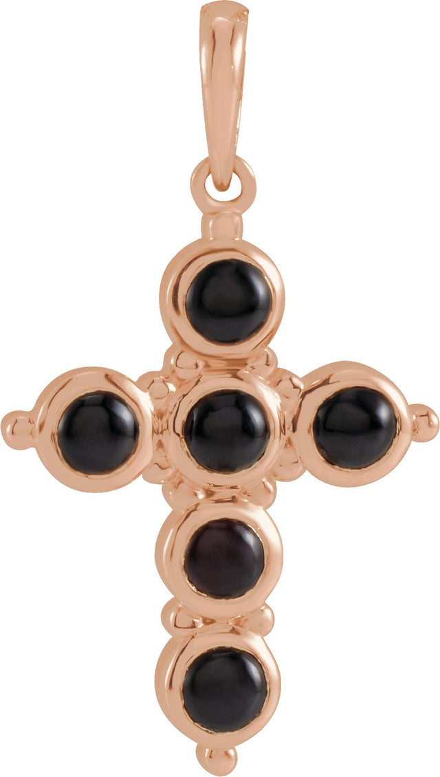 14K Gold Round Natural Black Onyx Cabochon Cross Necklace or Pendant - Rose Gold