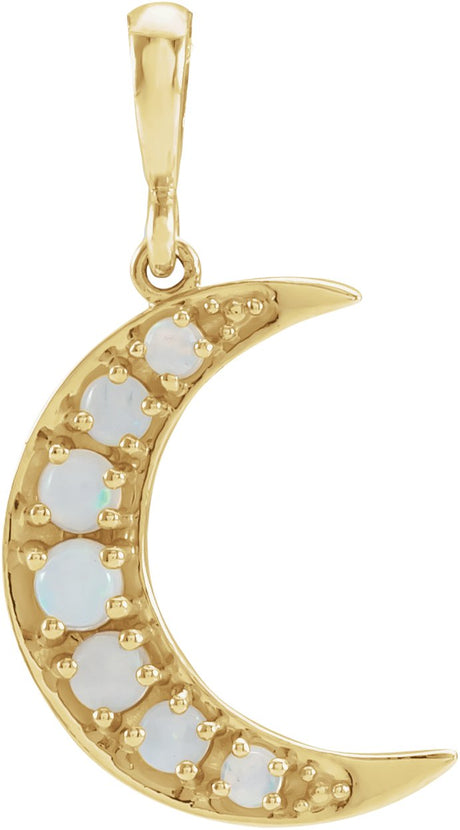 14K Gold Round Natural White Opal Cabochon Crescent Moon Necklace or Pendant - Yellow Gold