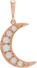 14K Gold Round Natural White Opal Cabochon Crescent Moon Necklace or Pendant - Rose Gold