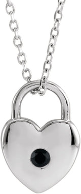 14K Gold Round Natural Black Spinel Heart Lock Necklace or Pendant - White Gold