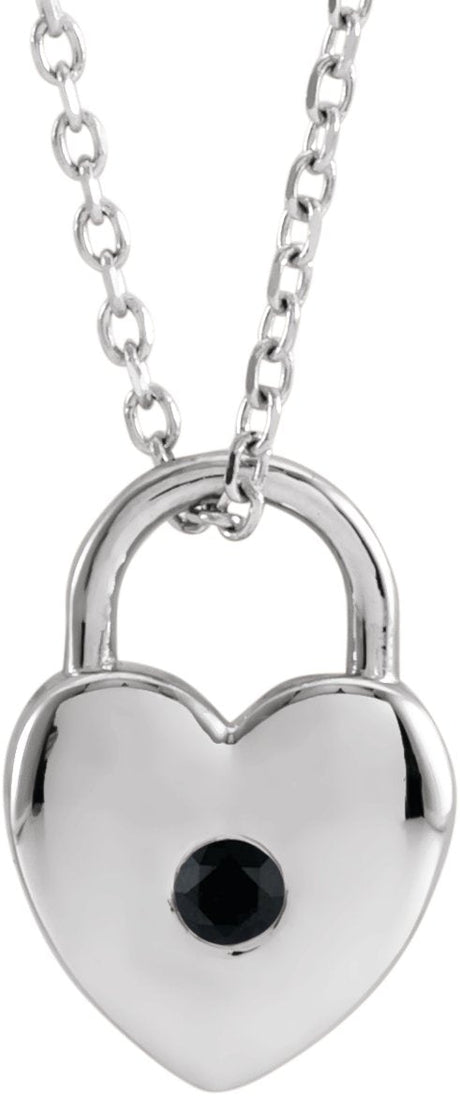 Platinum Round Natural Black Spinel Heart Lock Necklace or Pendant