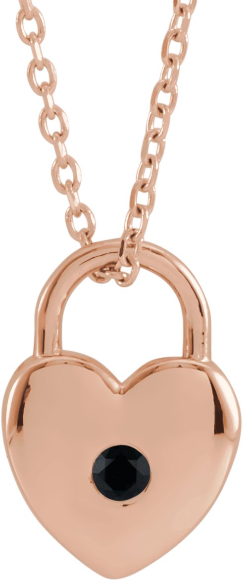 14K Gold Round Natural Black Spinel Heart Lock Necklace or Pendant - Rose Gold