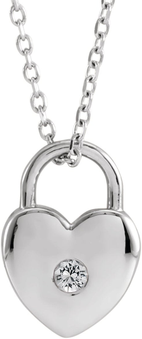 14K Gold Round Natural White Sapphire Heart Lock Necklace or Pendant - White Gold