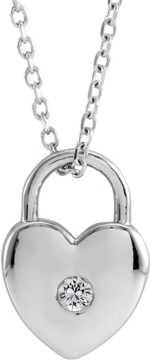 14K Gold Round Natural White Sapphire Heart Lock Necklace or Pendant - White Gold