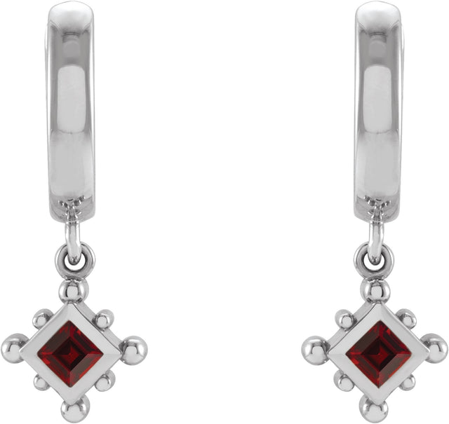 Platinum Square Natural Mozambique Garnet Beaded Bezel-Set Hoop Earrings - view 6