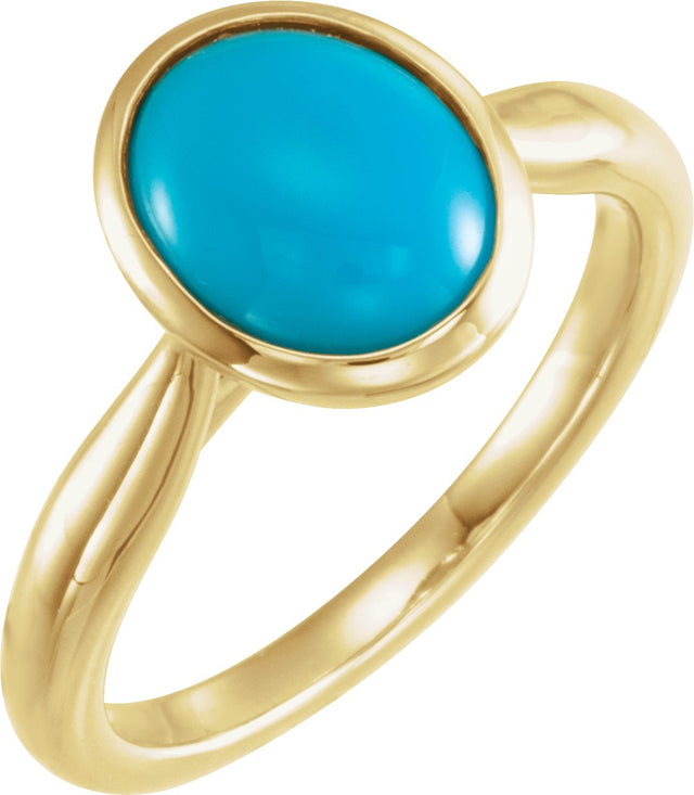 14K Gold Oval Natural Turquoise Bezel-Set Solitaire Ring - Yellow Gold