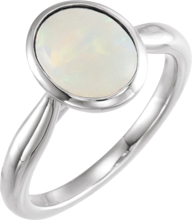 14K Gold Oval Natural Ethiopian Opal Bezel-Set Solitaire Ring - White Gold