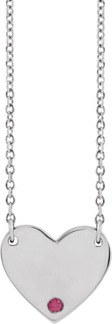 14K Gold Round Natural Ruby Engravable Heart Necklace - White Gold