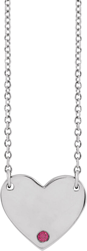 14K Gold Round Natural Ruby Engravable Heart Necklace - White Gold