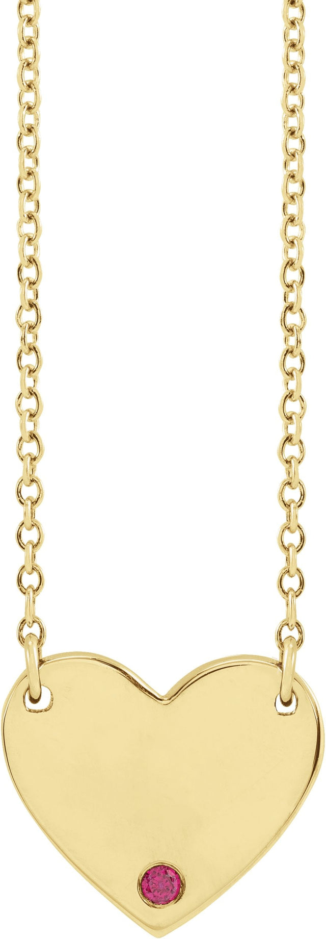 14K Gold Round Natural Ruby Engravable Heart Necklace - Yellow Gold