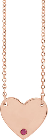 14K Gold Round Natural Ruby Engravable Heart Necklace - Rose Gold
