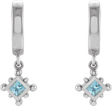14K Gold Square Natural Aquamarine Beaded Bezel-Set Hoop Earrings - White Gold - view 4