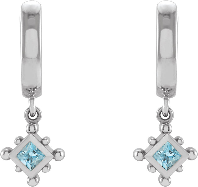14K Gold Square Natural Aquamarine Beaded Bezel-Set Hoop Earrings - White Gold - view 4