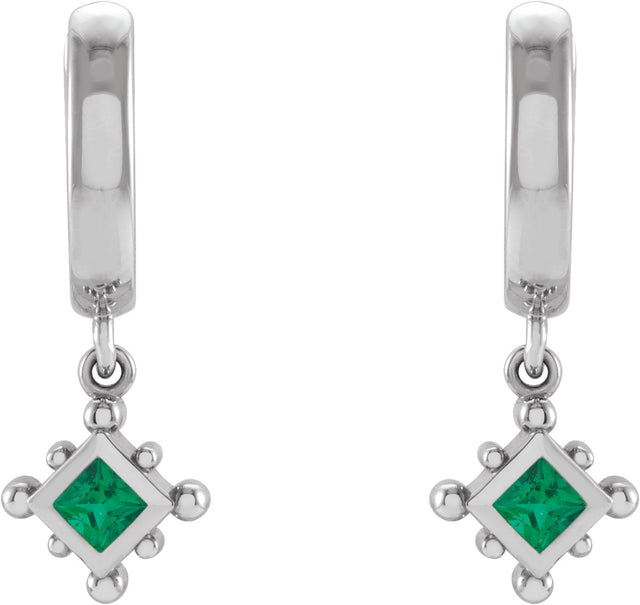 14K Gold Square Lab-Grown Emerald Beaded Bezel-Set Hoop Earrings - White Gold - view 4