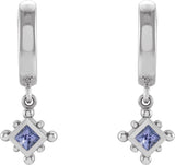 14K Gold Square Natural Tanzanite Beaded Bezel-Set Hoop Earrings - White Gold - view 4