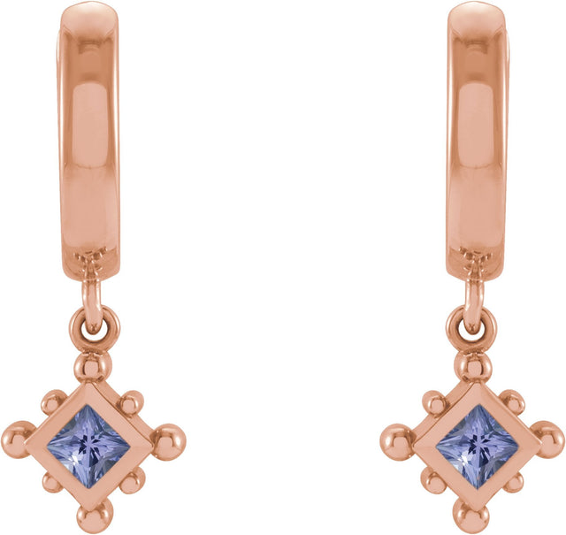 14K Gold Square Natural Tanzanite Beaded Bezel-Set Hoop Earrings - Rose Gold - view 6