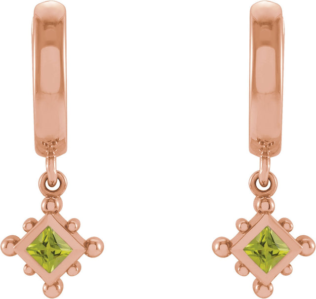 14K Gold Square Natural Peridot Beaded Bezel-Set Hoop Earrings - Rose Gold - view 6