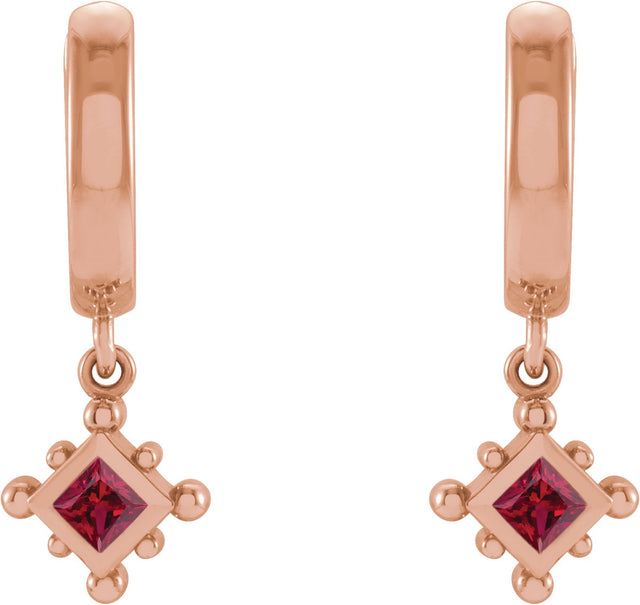 14K Gold Square Natural Ruby Beaded Bezel-Set Hoop Earrings - Rose Gold - view 6