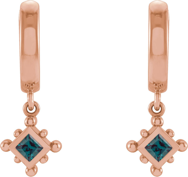 14K Gold Square Lab-Grown Alexandrite Beaded Bezel-Set Hoop Earrings - Rose Gold - view 6