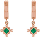 14K Gold Square Natural Emerald Beaded Bezel-Set Hoop Earrings - Rose Gold - view 6
