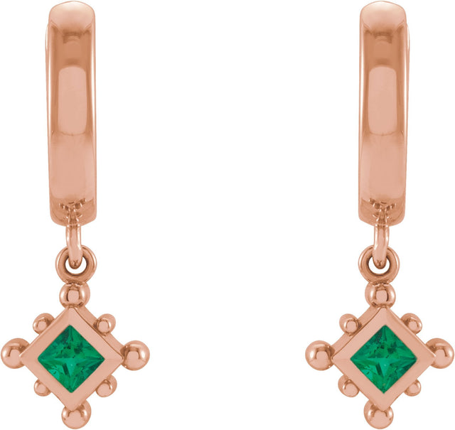 14K Gold Square Lab-Grown Emerald Beaded Bezel-Set Hoop Earrings - Rose Gold - view 6
