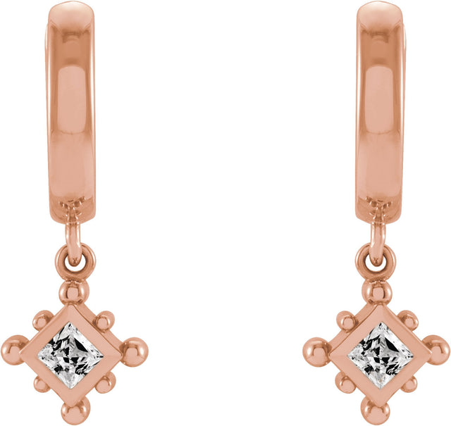 14K Gold Square Natural White Sapphire Beaded Bezel-Set Hoop Earrings - Rose Gold - view 6