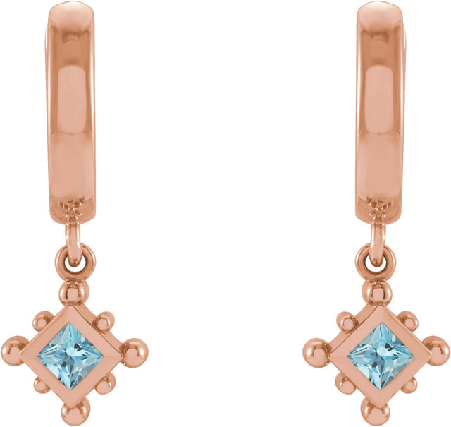 14K Gold Square Natural Aquamarine Beaded Bezel-Set Hoop Earrings - Rose Gold - view 6