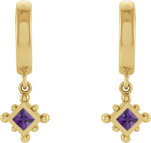 14K Gold Square Natural Amethyst Beaded Bezel-Set Hoop Earrings - Yellow Gold - view 4