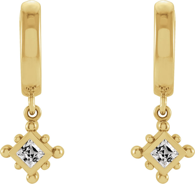 14K Gold Square Natural White Sapphire Beaded Bezel-Set Hoop Earrings - Yellow Gold - view 4