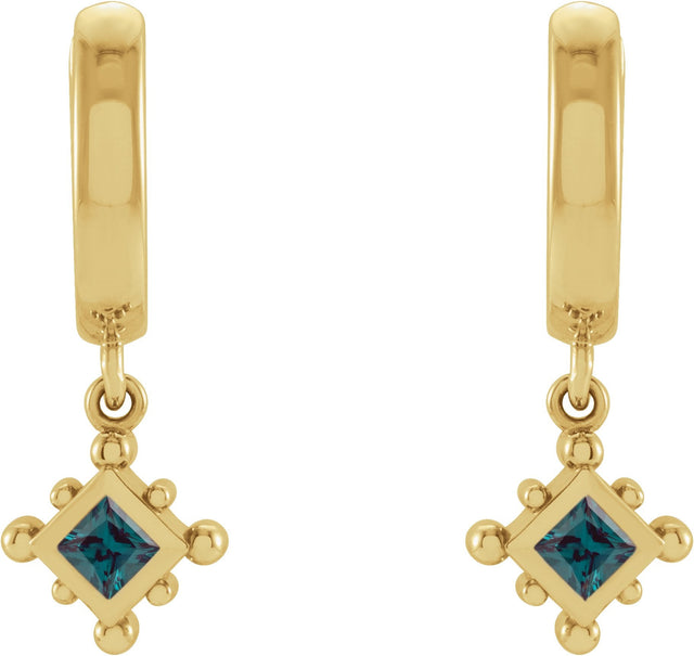 14K Gold Square Lab-Grown Alexandrite Beaded Bezel-Set Hoop Earrings - Yellow Gold - view 4