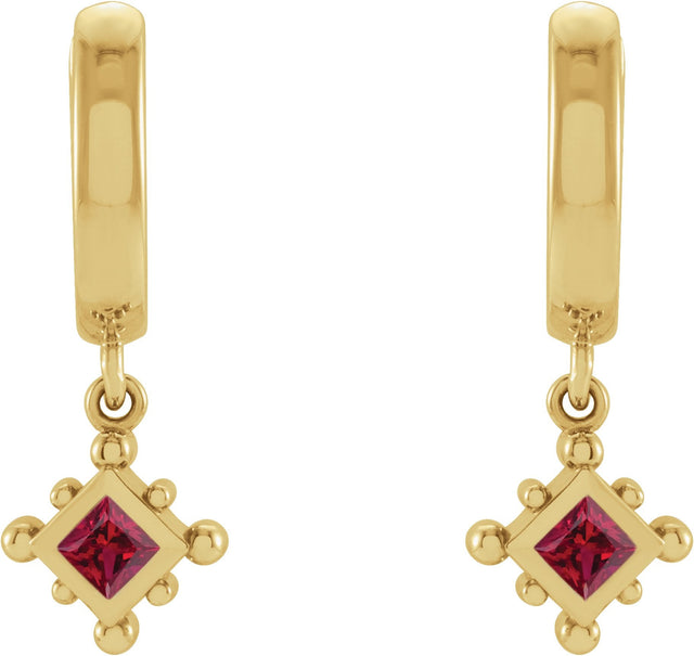 14K Gold Square Natural Ruby Beaded Bezel-Set Hoop Earrings - Yellow Gold - view 4