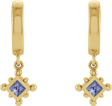14K Gold Square Natural Tanzanite Beaded Bezel-Set Hoop Earrings - Yellow Gold - view 4