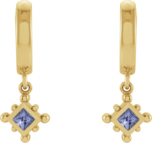 14K Gold Square Natural Tanzanite Beaded Bezel-Set Hoop Earrings - Yellow Gold - view 4