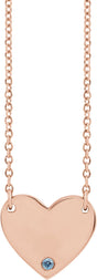 14K Gold Round Natural Aquamarine Engravable Heart Necklace - Rose Gold