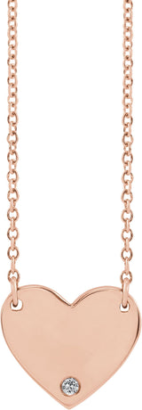 14K Gold Round Natural White Sapphire Engravable Heart Necklace - Rose Gold