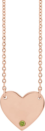 14K Gold Round Natural Peridot Engravable Heart Necklace - Rose Gold