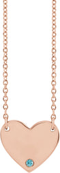 14K Gold Round Natural Blue Zircon Engravable Heart Necklace - Rose Gold