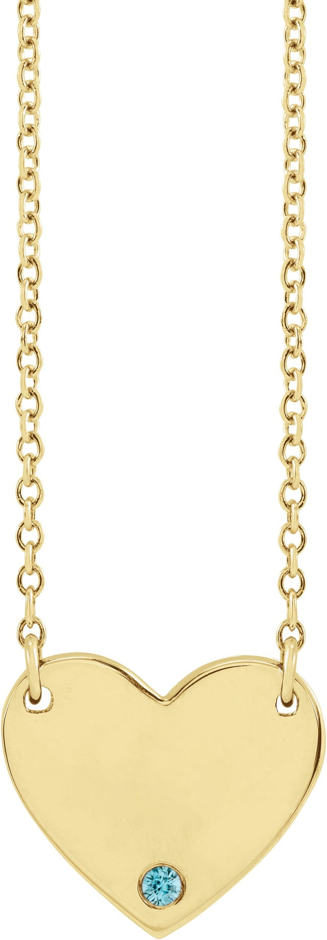14K Gold Round Natural Blue Zircon Engravable Heart Necklace - Yellow Gold
