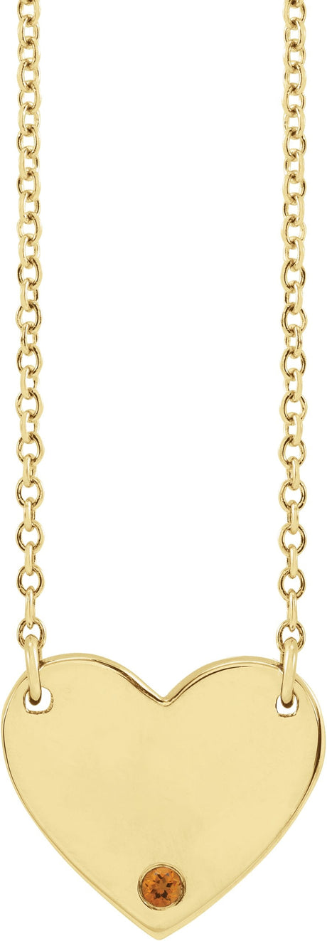 14K Gold Round Natural Citrine Engravable Heart Necklace - Yellow Gold