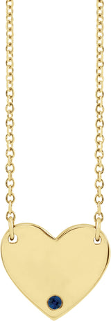 14K Gold Round Natural Blue Sapphire Engravable Heart Necklace - Yellow Gold