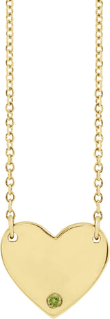 14K Gold Round Natural Peridot Engravable Heart Necklace - Yellow Gold